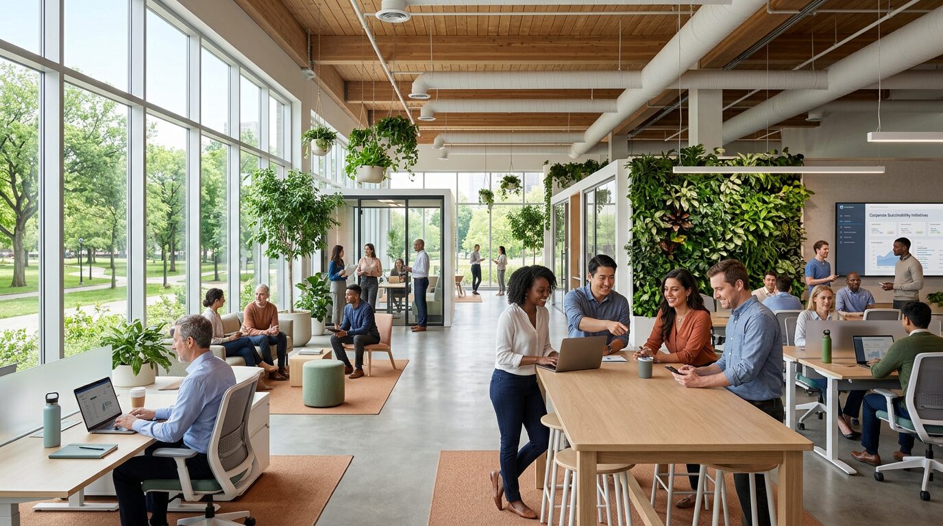 A modern, green building that shows how to align a building with ESG goals through sustainable infrastructure.