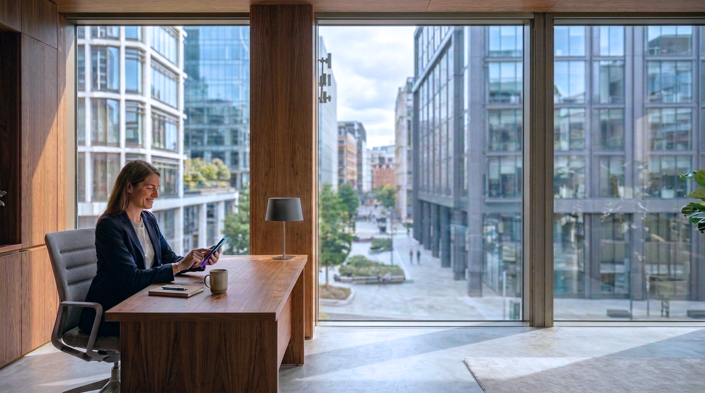 Woman at her office with smartphone